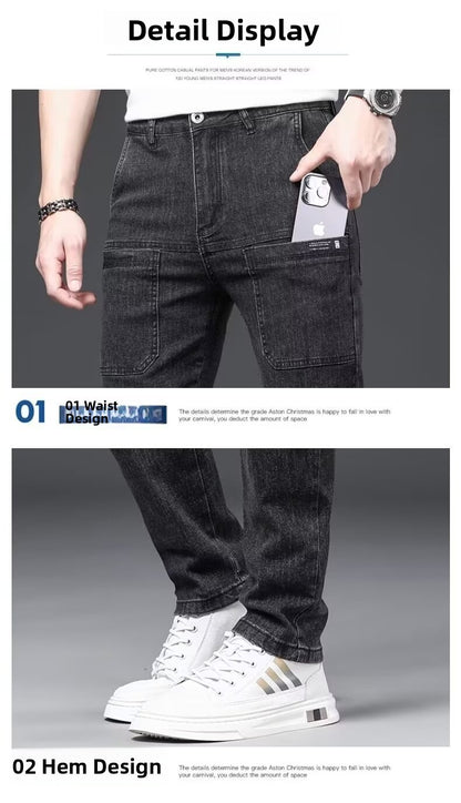 Men's Slim Fit Straight Leg Denim Jeans Flame Retardant Stretch Autumn Thin Faionable Long Pants Casual Wear Youth Sle
