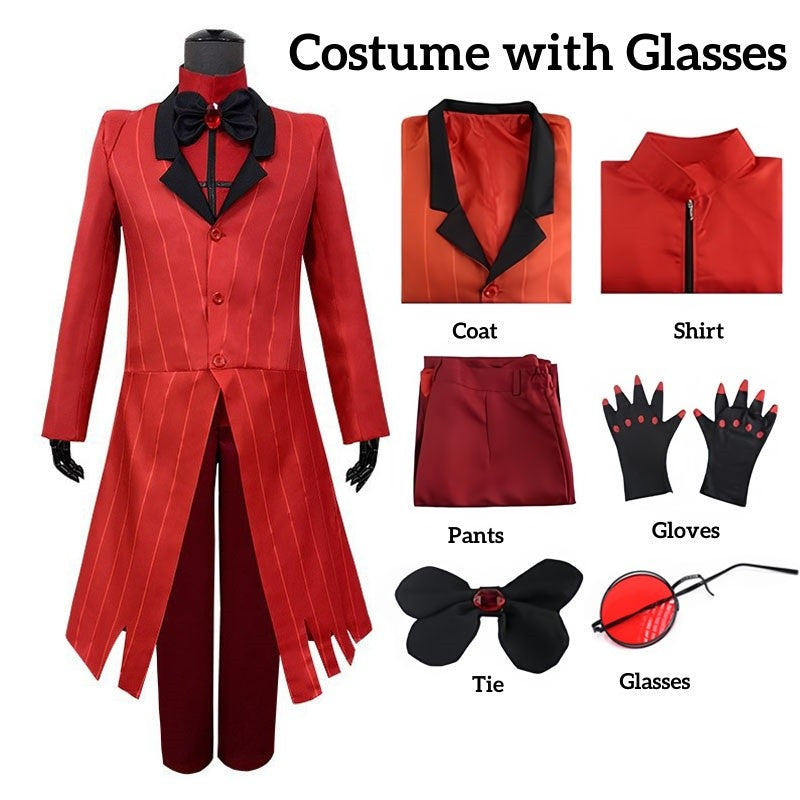 Alastor Hazbin Cosplay Costume Hotel Radio Demon Cosplay Red Jacket Shirt Pants Gloves Tie Uniform Halloween Full