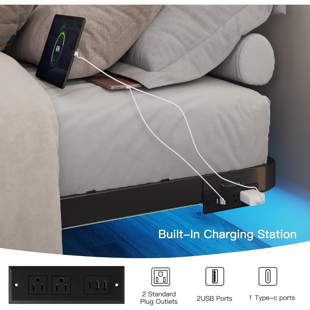 Cama Queen Size Suspensa - Estrutura de Cama de Plataforma de Metal com Luzes LED Inteligentes e Estação de Carregamento, Não Precisa de Box, Fácil Montagem