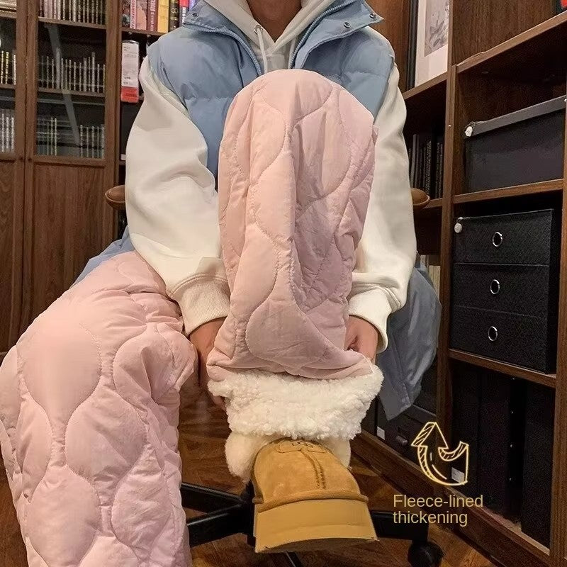 Heavy Winter Cotton Waterproof Splicing Lamb Fleece Cotton Pants for Men and Women, Solid Color Diamond Grid Embroidered Clip Co