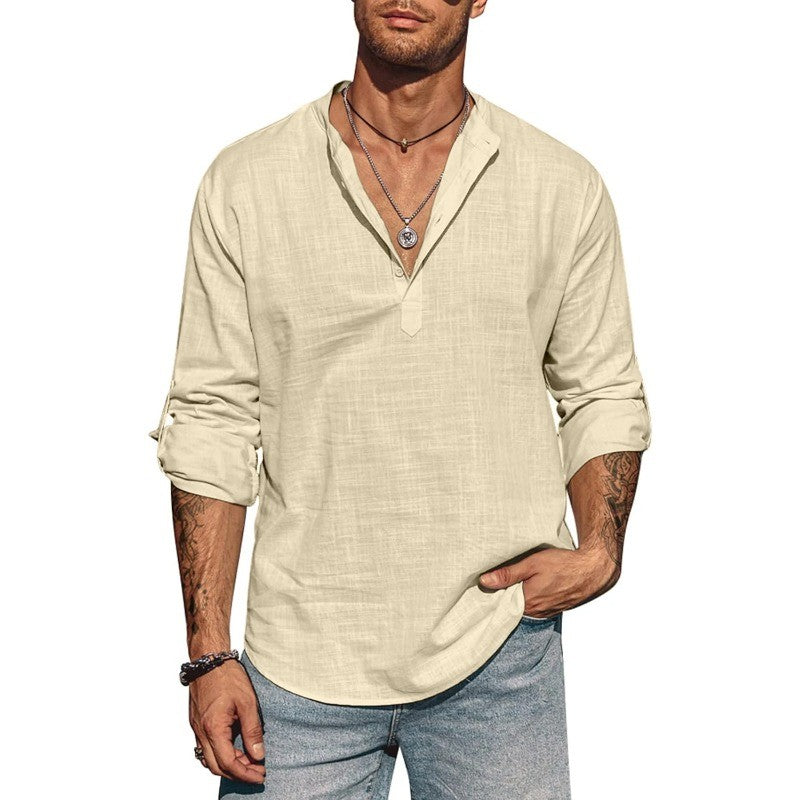 Mens Long Sleeve Cotton Shirt Linen Stand Collar T-shirts Lightweight Breathable Streetwear Half Button Hawaiian Large Shirt