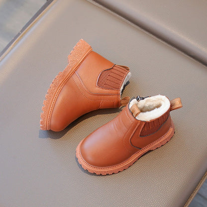 21-30 Kids Ankle Boots for Little Boys Girls Thermal Snow Boots Fashion PU Leather Children Short Rubber Boots with Thick Plush