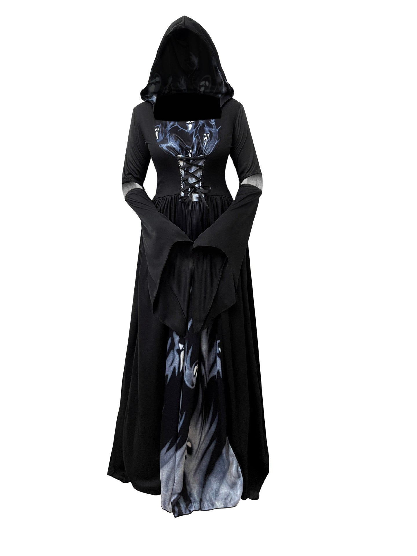 Halloween Witch Dress Gothic Vintage Dark-Style Hooded Vampire Dresses Bell Sleeves Full Skirt Waist Cinched Festival Party Gown