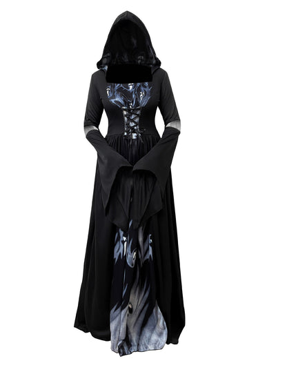 Halloween Witch Dress Gothic Vintage Dark-Style Hooded Vampire Dresses Bell Sleeves Full Skirt Waist Cinched Festival Party Gown