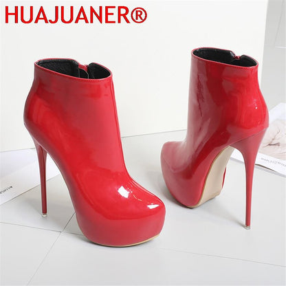 Big Size 35-47 Patent Leather Women Boots Round Toe Side Zipper Super High Heels 16CM Pumps 2025 Sexy Platform Party Shoes Woman