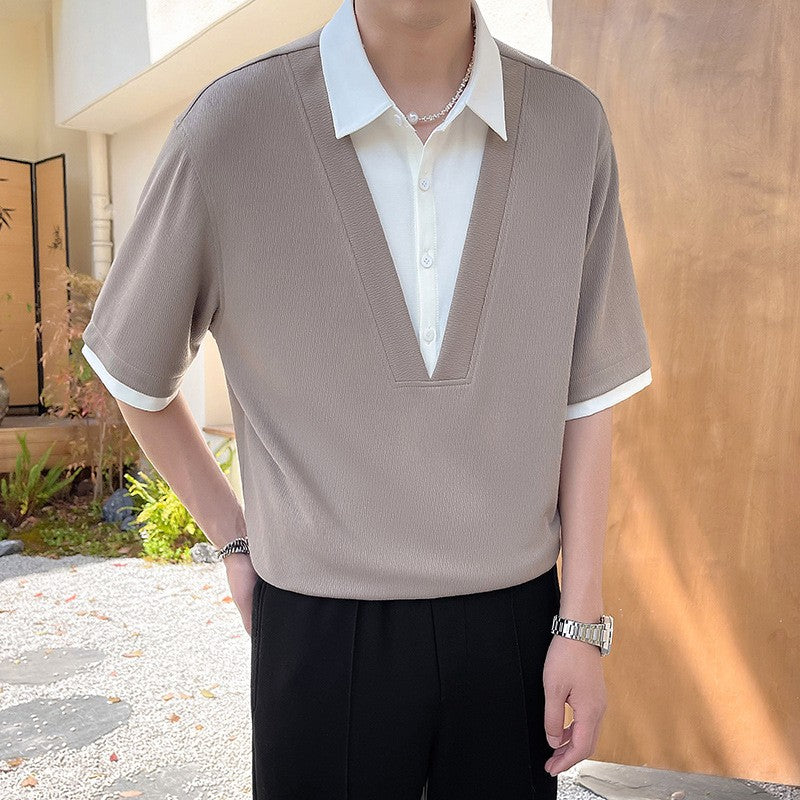 2025 summer new men's fake two-piece shirt, men's clothing, trendy brand, casual, high-end short-sleeved polo shirt