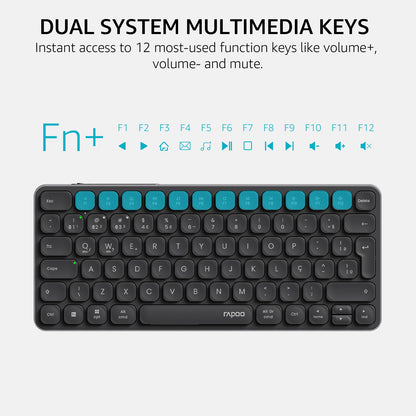 Teclado Sem Fio Bluetooth Multidispositivo Recarregável Rapoo E9050L ABNT2 Português Brasil na Cor Preta com Teclas Multimídia