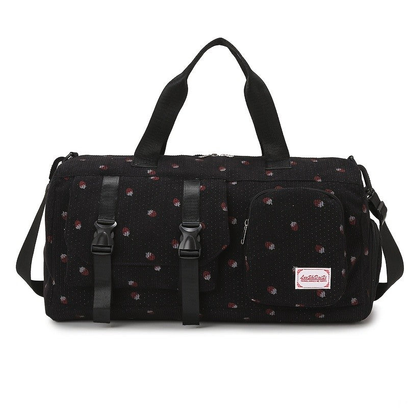 Large Capacity Travel Duffel Bag with Strawberry Pattern, Wet/Dry Separation, Independent Shoe Compartment & Multiple Pockets