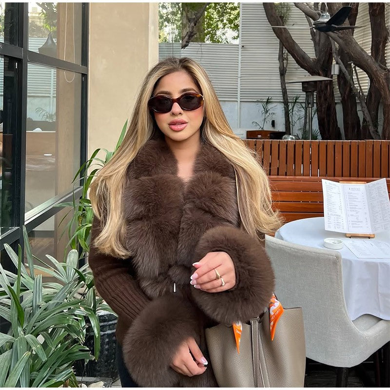 Elegant Knitted Faux Fur Patchwork Women's Coat Thicken Lady Coats 2025 Autumn Winter Chic Female Street Warm Outerwears