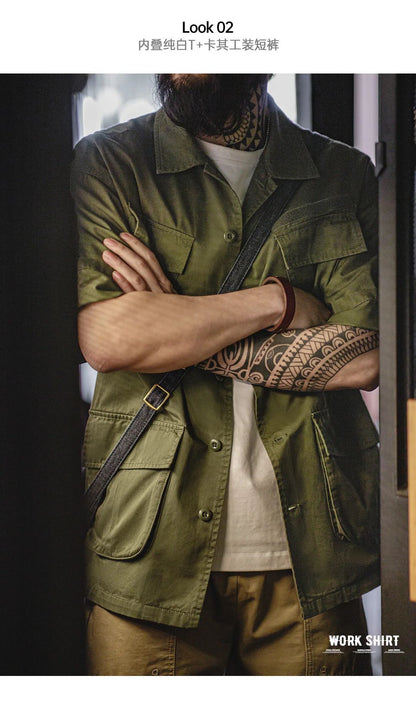 Maden Summer Vintage Four Pockets Short Sleeve Shirts for Men Cotton Green Loose Turn-down Collar Shirt Cargo Tops Male XL XXL