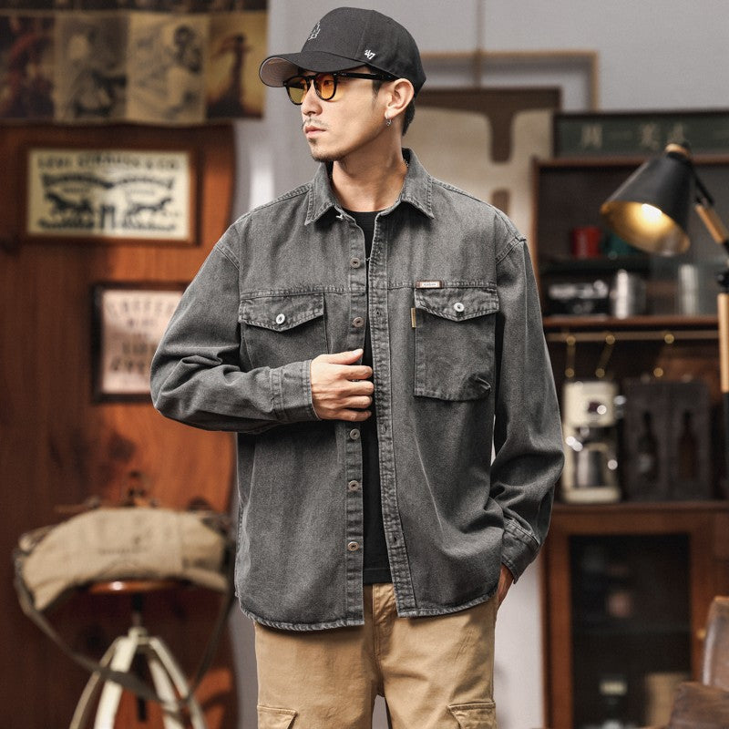 Men's Heavyweight Washed Salt-Faded Long Sleeve Denim Shirt Japanese Retro Loose Cargo Shirt Jackets Chest Pocket Man Outwear