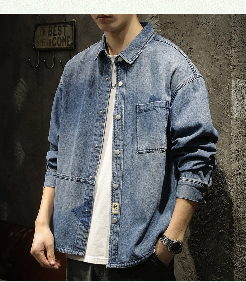 American Sle Heavyweight Men's Denim irt Loose Workwear Jaet Casual Long Sve Breathable Moisture ng Pure Color