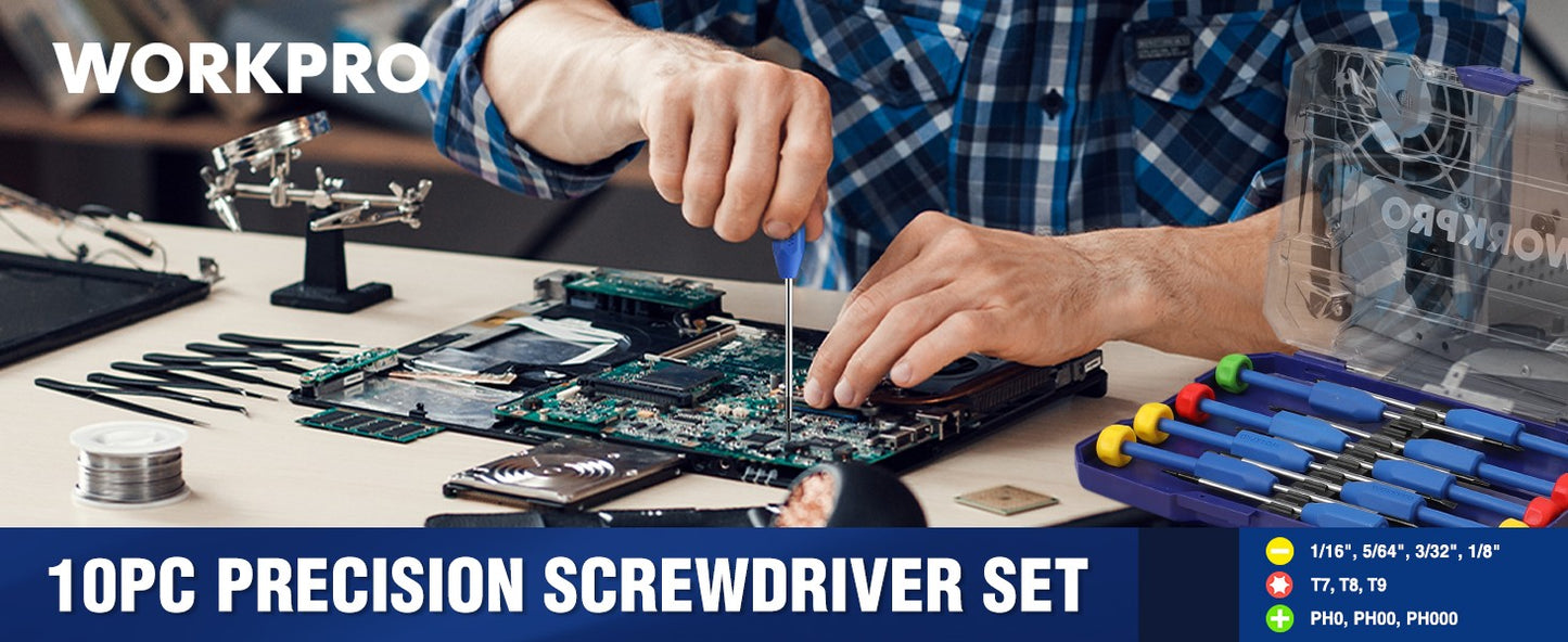 Conjunto de Chaves de Precisão WORKPRO com 10 Peças e Estojo, Phillips, Fenda, Torx, Kit de Ferramentas de Reparo com Chave Magnética