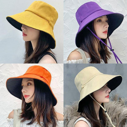 Double-Sided Sun Beach Cap Portable Fisherman Cap Foldable Panama Hat Solid Color Anti-UV Spring Summer Outdoor Beach Visor