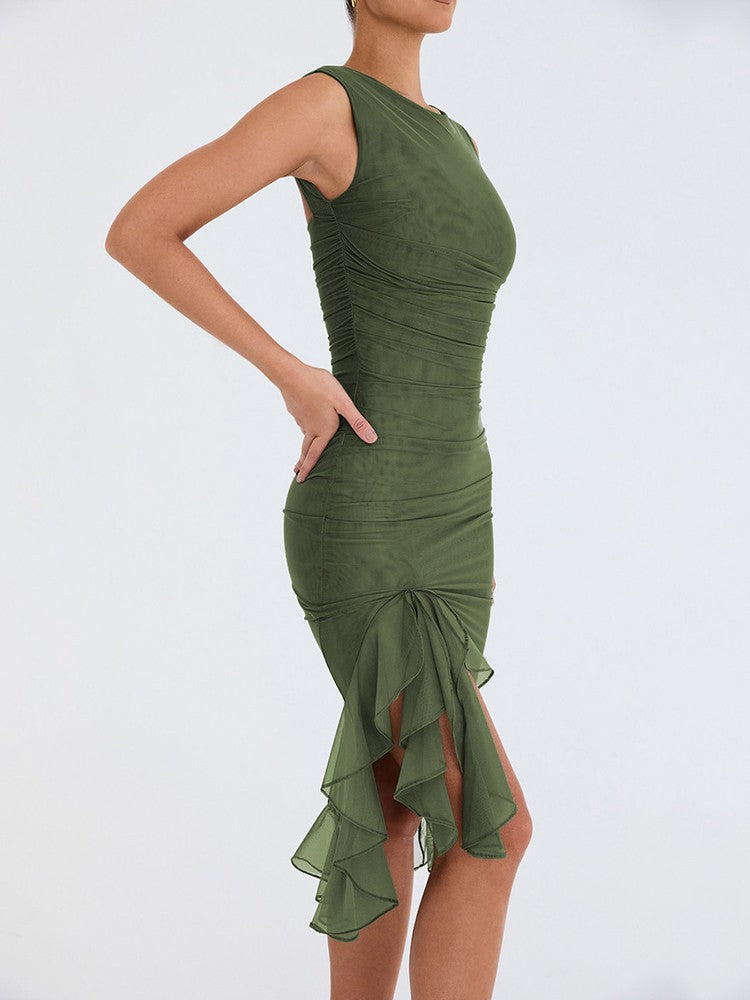 Mozision Elegant Ruffle Ruched Midi Dress For Women Robe Summer New Backless Sle