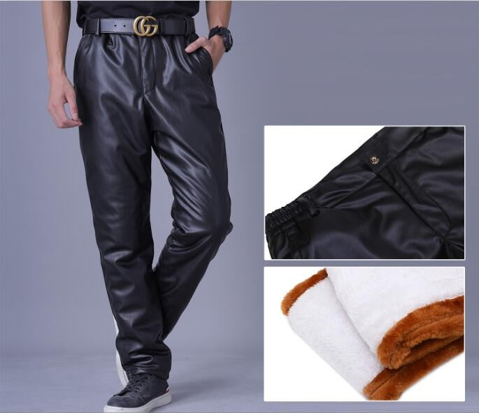 Men's High Waist Stretch Leather Pants, Windproof Straight Biker PU Pants, Warm Winter Trousers, New Fashion, 29-42