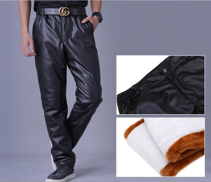 Men's High Waist Stretch Leather Pants, Windproof Straight Biker PU Pants, Warm Winter Trousers, New Fashion, 29-42