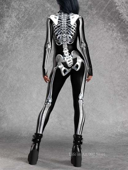 Women Grey Candy Skeleton Bodysuit Halloween Cosplay Costume Carnival Steampunk Artistic Sexy Slim Jumpsuit Performance Zentai