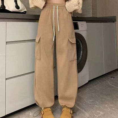 Winter Thick Fleece Women's Pants Casual Matching Cargo Pants Chic Sportswear Drawstring Straight Pants Lady's Trousers Pocket