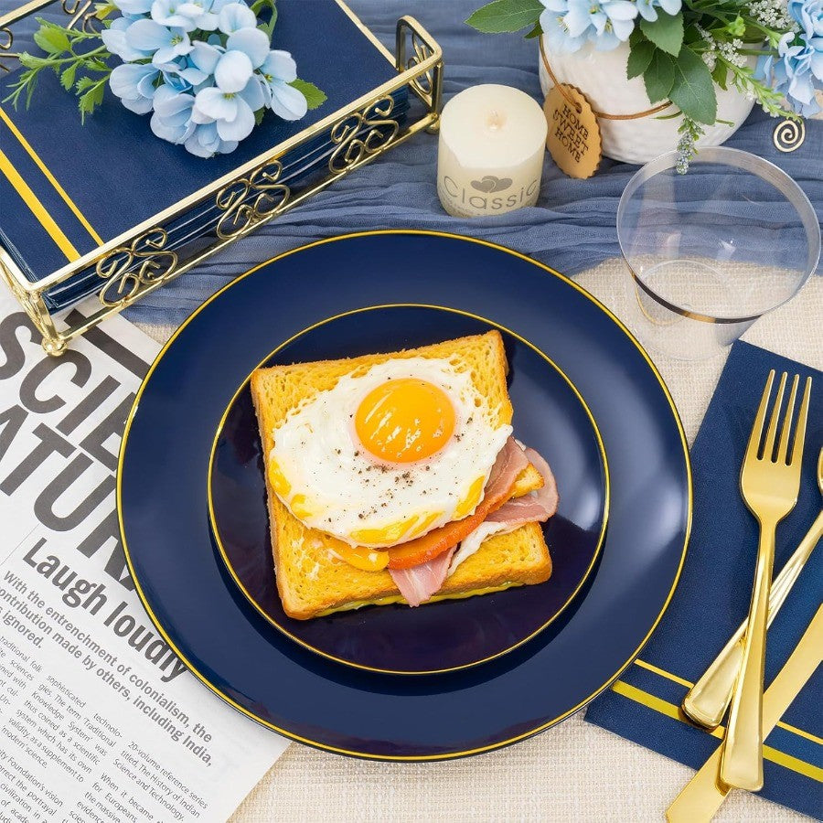 350PCS Navy Blue Plastic Plates Blue Disposable Dinnerware Set for 50 Guests 100 Dinner Dessert Plates 150 Gold Silverware 50 C