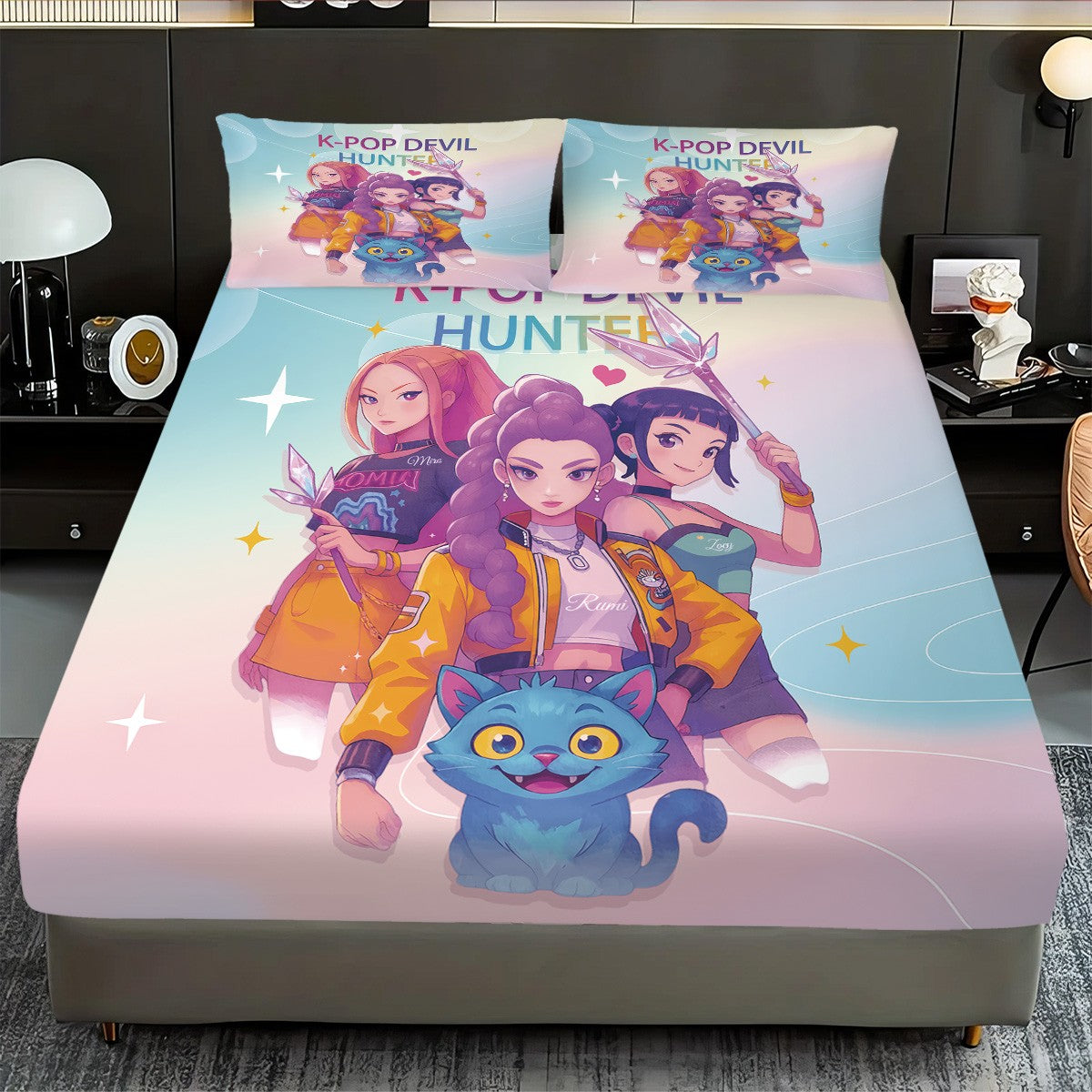 Conjunto de Lençóis Sem Costura K-Pop Demon Hunters Estampado 3 Peças Vários Tamanhos Macio Capa de Cama Roupa de Cama Lavável na Máquina