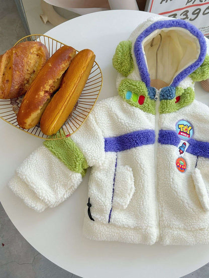 Casaco Infantil de Inverno Disney Buzz Lightyear 90-130cm Novo Bebê Menino Menina Desenho Animado Forro Polar Textura Engrossada Bloco de Cores Casaco com Capuz
