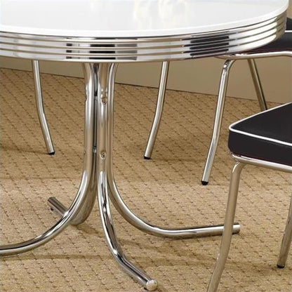 Retro Round Dining Table with Chrome Legs Glossy White Finish Indoor Seating 4 Mid-Century Style Easy Assembly