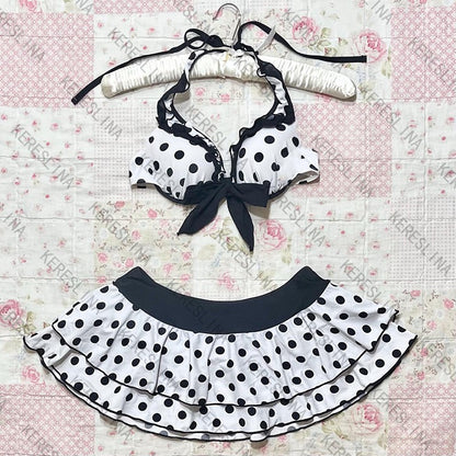 2025 new Women's bikini set cute retro casual streetwear Y2K Harajuku aesthetic hip-hop summer sweet polka dot slim Kawaii skirt