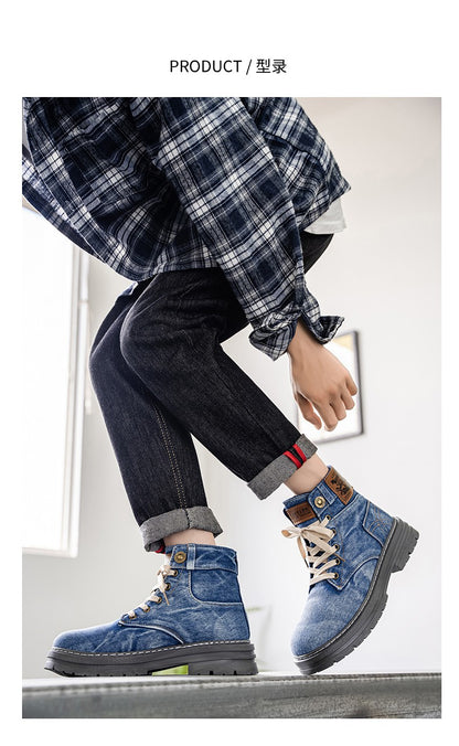 Retro blue men's denim boots, lace-up thick-soled boots, men's ankle boots, casual men's work shoes, Botas Hombre, size 48