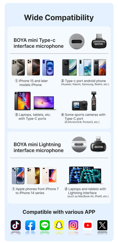 BOYA BOYA Mini Microfone de Lapela Sem Fio para iPhone 15/16 Android Celular Dispositivos USB-C para Gravação de Vídeo Transmissão ao Vivo Vlog