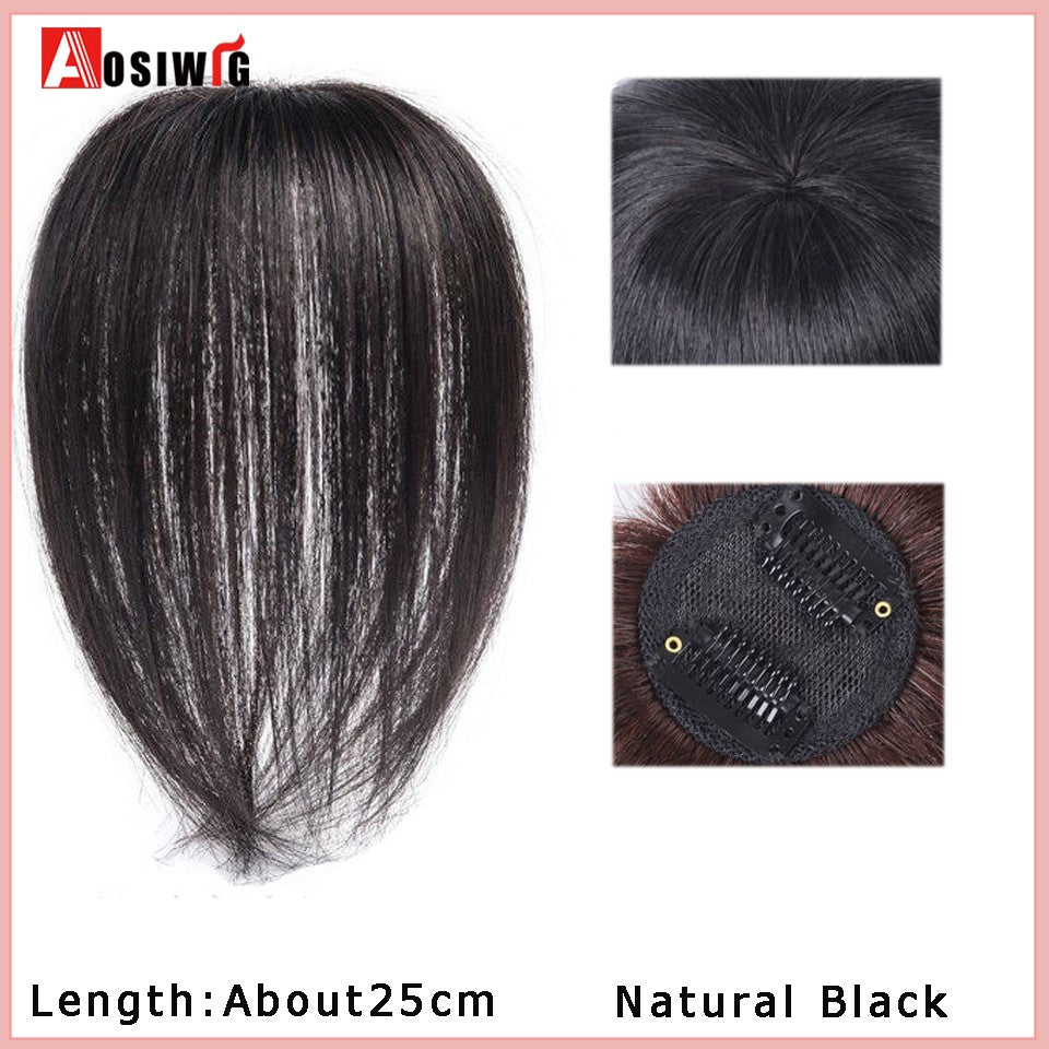 Perucas de cabelo encaracolado sintético AOSI castanho preto, substituição de extensões de cabelo tipo topete, apliques femininos com franja