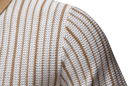 AIOPESON 2025 Men's Striped Mesh Polo Shirt - Breathable Contrast Panel Knit Top with Turn-Down Collar