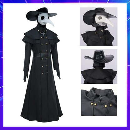 Plague Doctor Bird Cosplay Costume Medieval Hooded Robe Horrord Monk Steampunk Cloak Halloween Carnival Adult Kids Lantern Stick