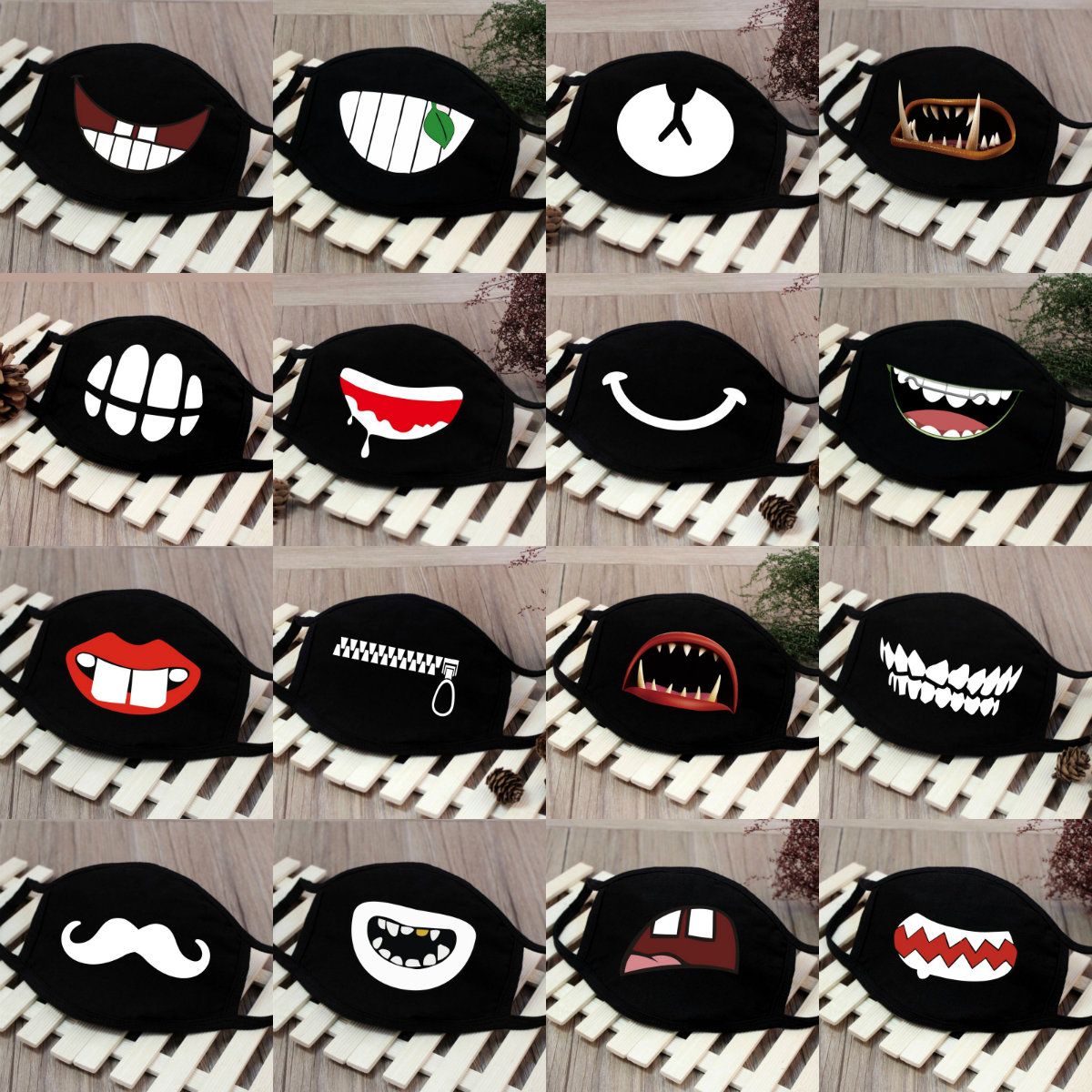 1PCS Black Mouth Mask Big Size Stop Air Pollution Home Cartoon Lovely Cotton Funny Teeth Masks Keep Warm Mouth Muffle Respirator