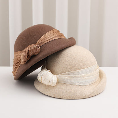 Women French Wool Beret Autumn Winter Fashion Retro Bow Knot Lady Cloche Hat Casual Travel Gift