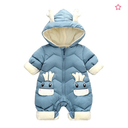Demin-season Winter Kids Boys Rompers 2025 Cartoon Pockets Hooded Bodysuit For 0-3Y Newborn Infant Babys Boys One-piece Jumpsuit