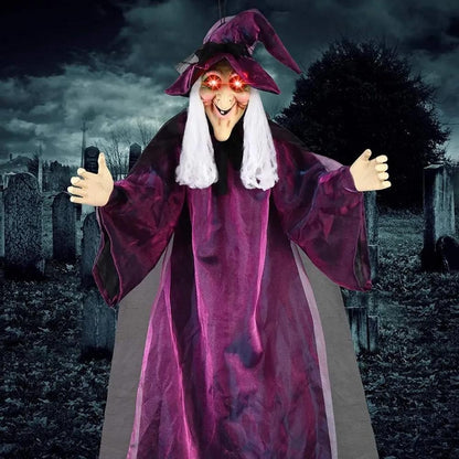 Bruxa Falante em Tamanho Real de Halloween Roxo Assustador Decoração Gritante Controlada por Voz com Olhos Brilhantes