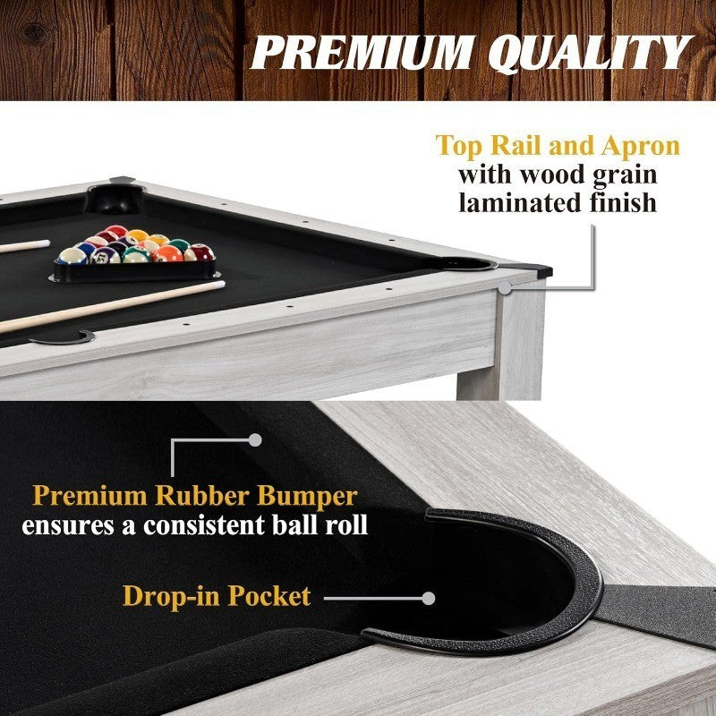 7ft 3-in-1 Pool Table with Drop Pockets, Convertible Dining Top & Table Tennis, Includes Game Accessories