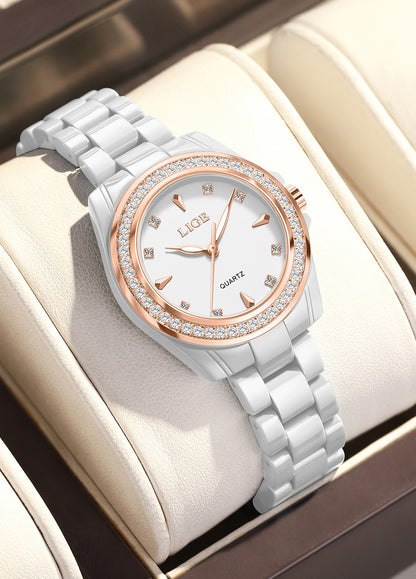 LIGE Fashion Elegant Watch for Women Ceramics Strap Diamond wristwatch Luxury Ladies Bracelet Quartz Watches Gifts Reloj Mujer
