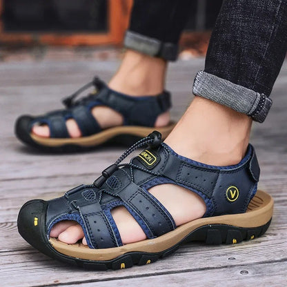 Big Size Men's Sandals Summer Anti-collision Outdoor Walking Treking Casual Shoes Leather Hiking Men Slippers Beach Wading Shoes
