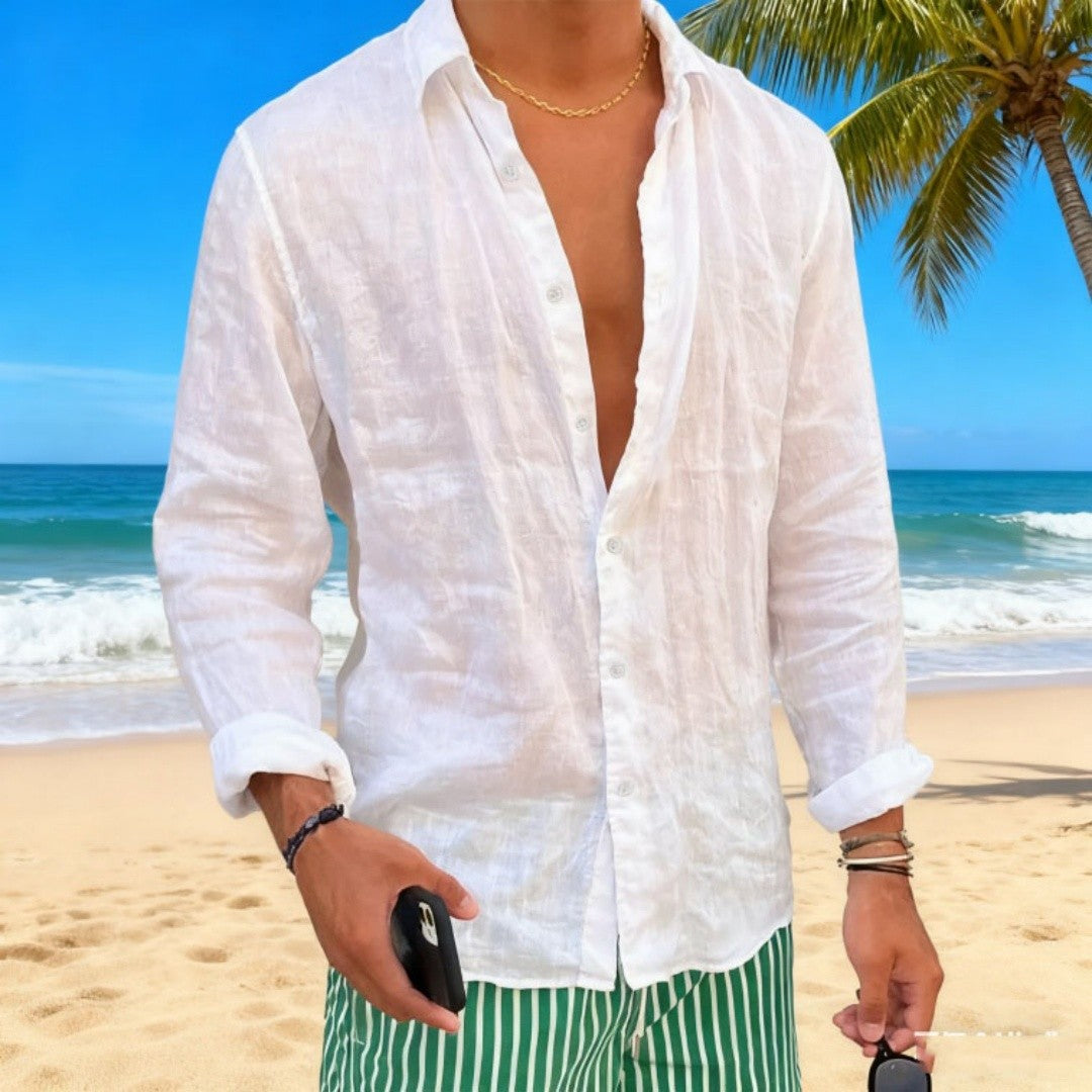 Men's Slim Fit Cotton Linen Shirt Casual Long Sleeve Solid Color Lapel Breathable Button Top for Spring Autumn