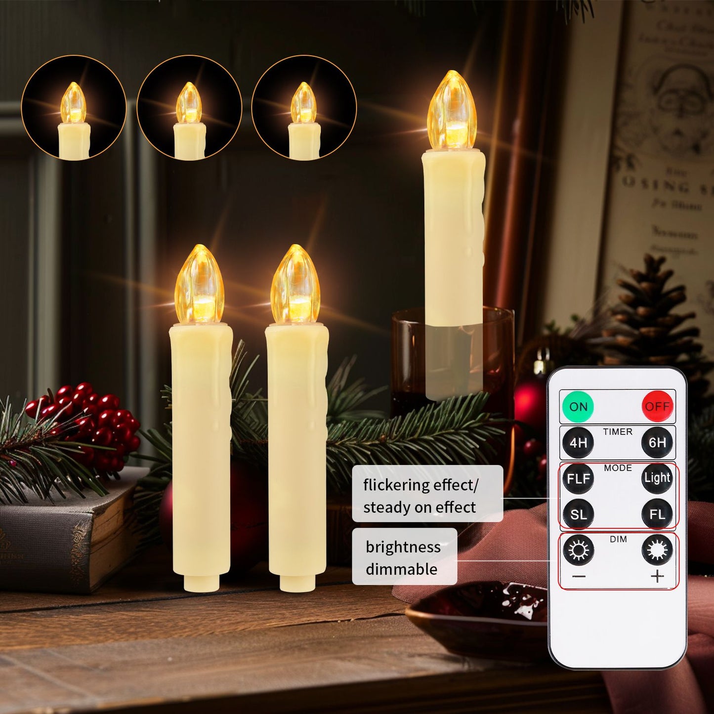 Flameless LED Taper Candles Christmas Tree Electric Candle Lights Mini Taper Clip-On Candles with Remote Timer for Wedding Decor