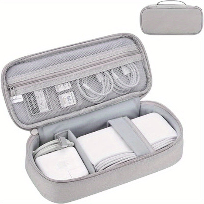 Electronics Travel Organizer Bag with Cable Management Compartments - Light Gray Tech Case with Zippered Pocket