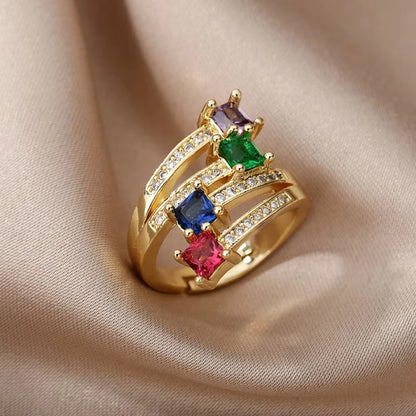 Anéis de Luxo em Aço Inoxidável Banhado a Ouro Pedra Colorida Zircônia Cristal Coração Anel Feminino Casamento Joias Boho Presente de Natal