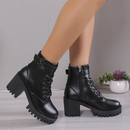 Winter New Fashion Comfortable Elegant Square with Women's Shoes Side Zipper Round Head Solid Color Simple Thick Heel Boots