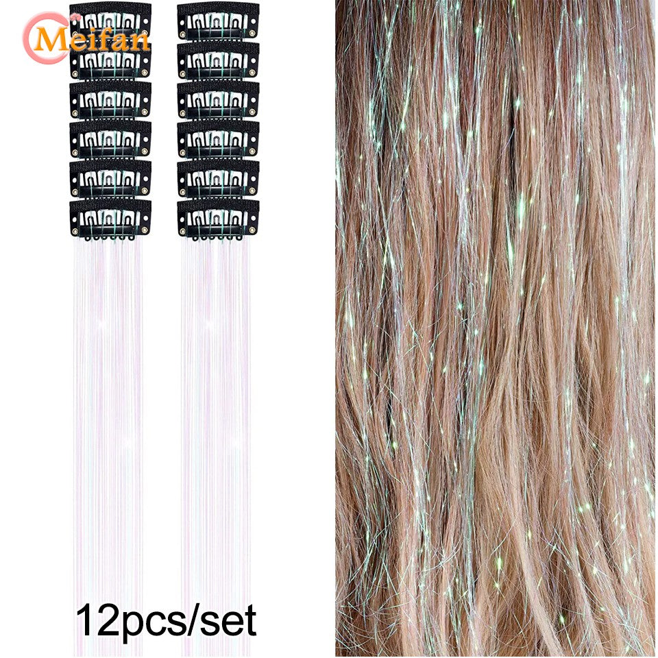 12 peças/conjunto de enfeites de cabelo com presilha, extensões de cabelo sintéticas brilhantes cintilantes, acessórios de cabelo para festa com efeito fada