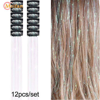 12 peças/conjunto de enfeites de cabelo com presilha, extensões de cabelo sintéticas brilhantes cintilantes, acessórios de cabelo para festa com efeito fada