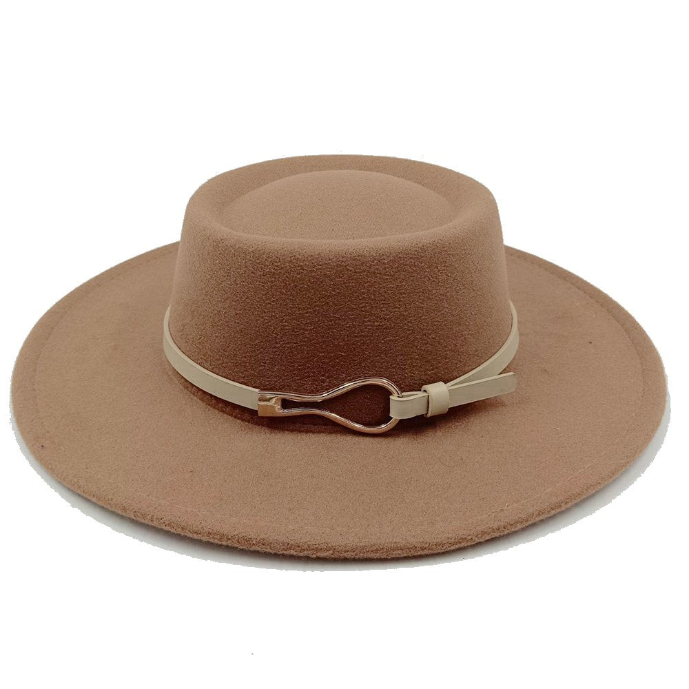 Acessórios femininos de fivela de couro metal com chapéu de feltro de pele com top côncavo e convexo, chapéu fedora e conjunto de bolsa combinando, estilo retrô
