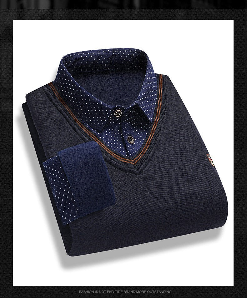 Men's Fleece Lining Sweater Autumn Winter Pullover Polo Shirt Collar Fake Two Piece Thick Warm Top Clothes Casual Knitwear