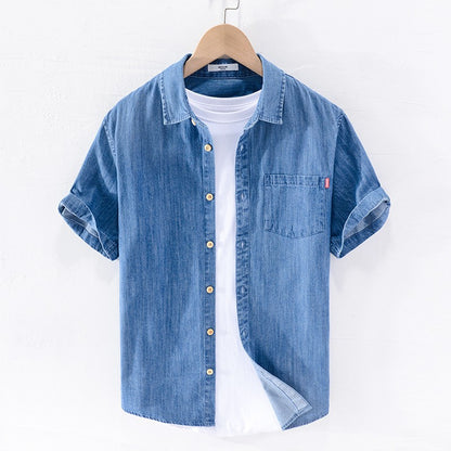 Men Denim Shirt , Thin Summer Half Sleeve Casual Top, Loose Trendy Handsome Short Sleeve ?Camping Denim Short Sleeve Jacket